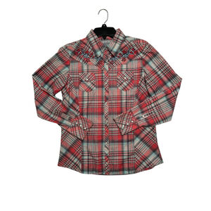 Cowgirl Up Plaid Snap Button Shirt Womens M Red Embroidered Jewels Cotton Bling
